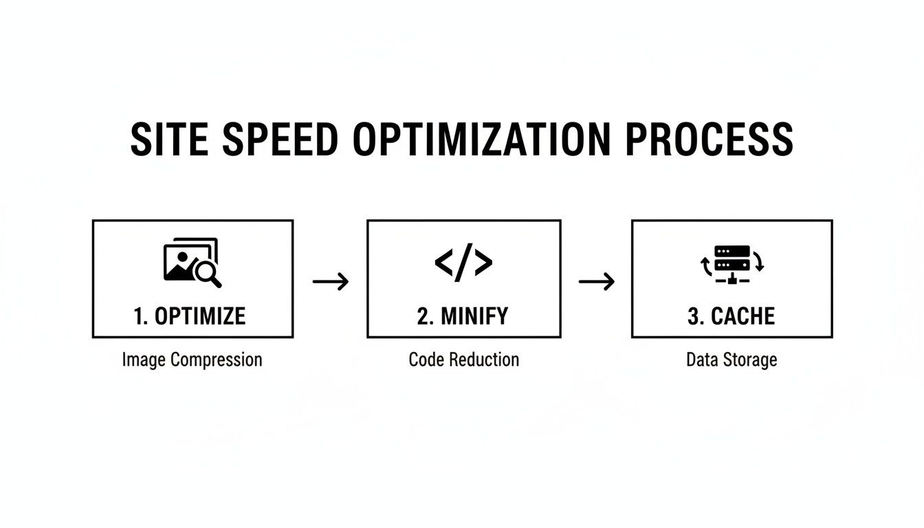 Flowchart illustrating the site speed optimization process, including optimize, minify, and cache steps.
