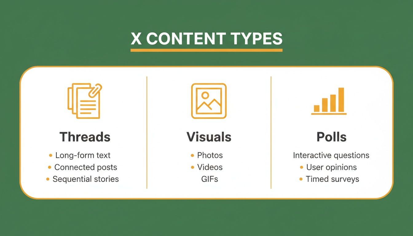 An infographic illustrating three X content types: Threads, Visuals, and Polls, with descriptions.