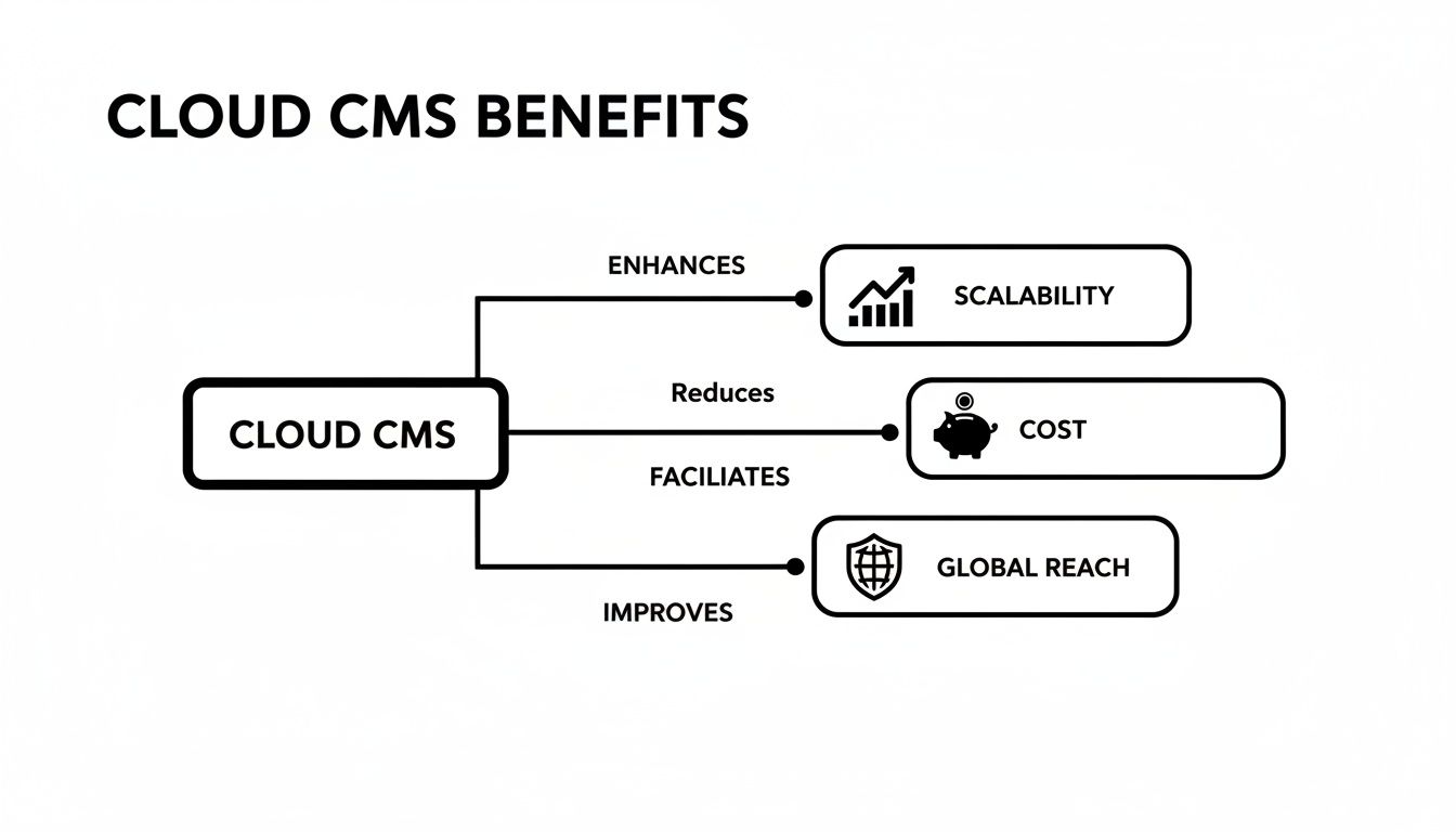 Diagram illustrating the benefits of Cloud CMS, including enhanced scalability, reduced cost, and improved global reach.