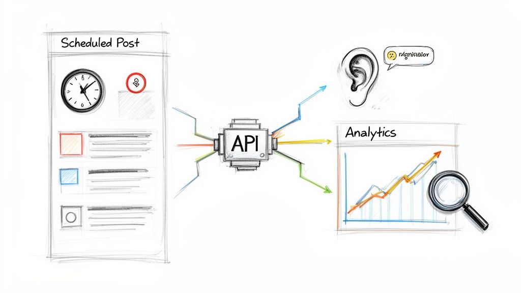 Diagram illustrating a social media scheduled post flowing through an API for monitoring and analytics.
