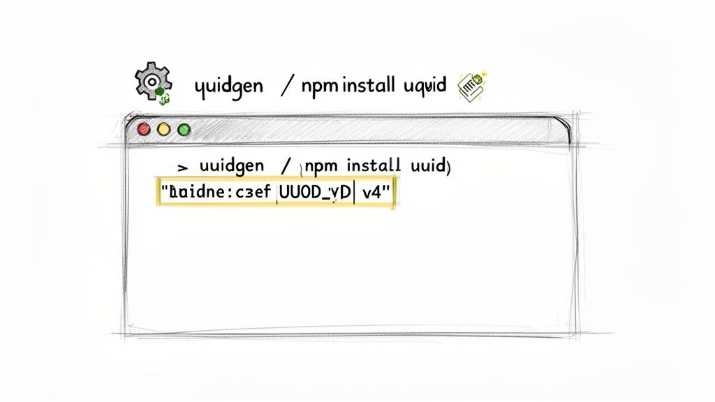 A sketch of a terminal showing commands for generating UUIDs using 'uuidgen' or 'npm install uuid'.