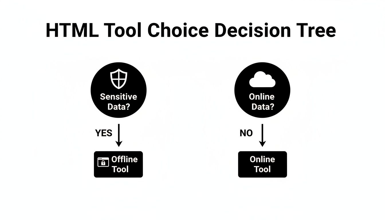 A decision tree diagram for HTML tool choice, considering sensitive data and online data requirements.