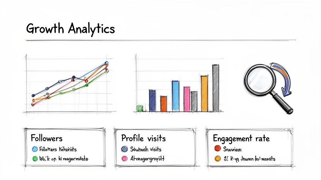 A hand-drawn sketch visualizing growth analytics with line and bar charts, metrics, and a magnifying glass.
