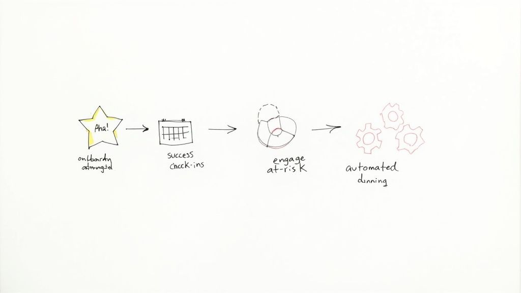 A handwritten diagram outlining a customer success process, from onboarding activation to automated dunning.