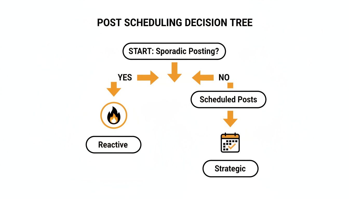 Decision tree illustrating post scheduling strategies: sporadic posting is reactive, scheduled posting is strategic.