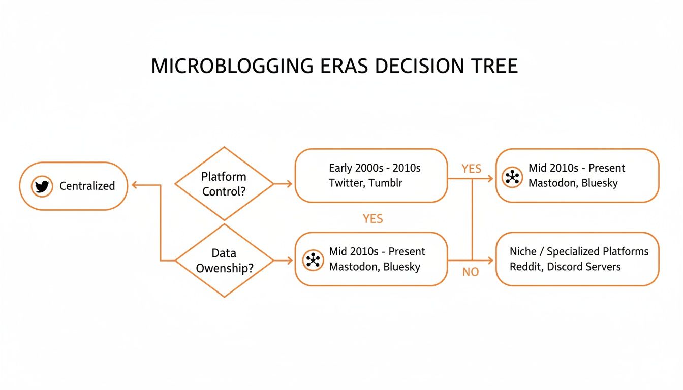 Decision tree categorizing microblogging platforms across eras by control and data ownership.