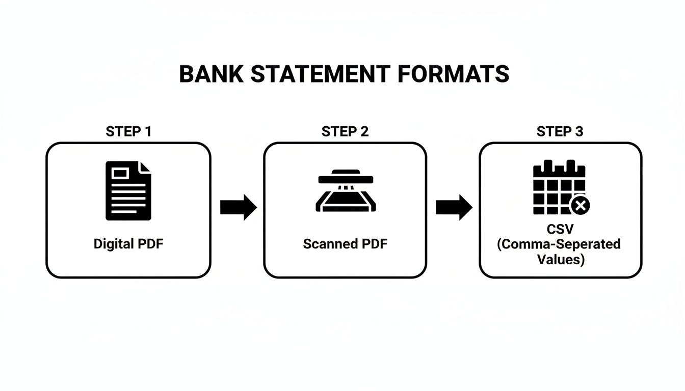 A diagram illustrates bank statement formats: Digital PDF, then Scanned PDF, leading to CSV.