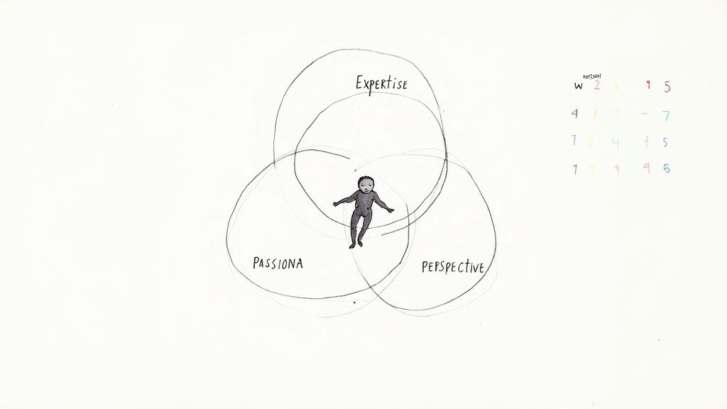 Hand-drawn Venn diagram with overlapping circles labeled 'Expertise', 'Passiona', and 'Perspective', featuring a small person in their shared center.