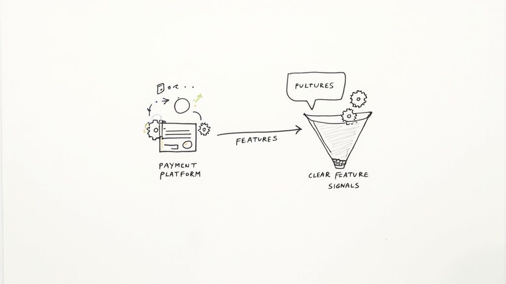 A hand-drawn diagram showing payment platform features processed to generate clear feature signals.