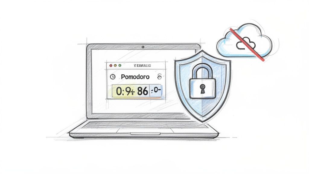 A sketch showing a laptop with a Pomodoro timer app, a security shield, and a 'no cloud' icon.