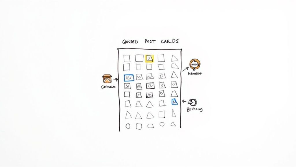 Hand-drawn diagram depicting 'Quosed Post Cards' management system with inputs from 'Getdate', 'Nemesis', and 'Bothaing'.