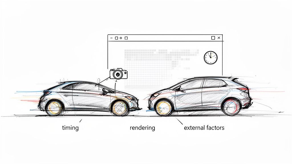 Sketch of two cars facing each other with a software window, camera, and labels for timing, rendering, and external factors.