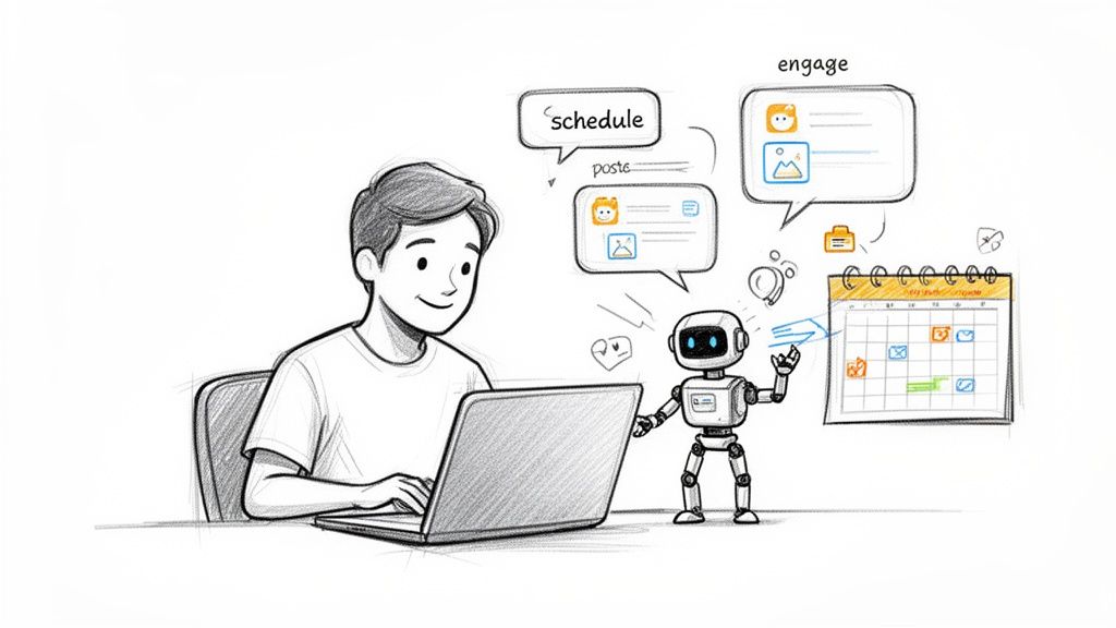 A smiling person uses a laptop, while a robot assists with scheduling social media posts and engagement.