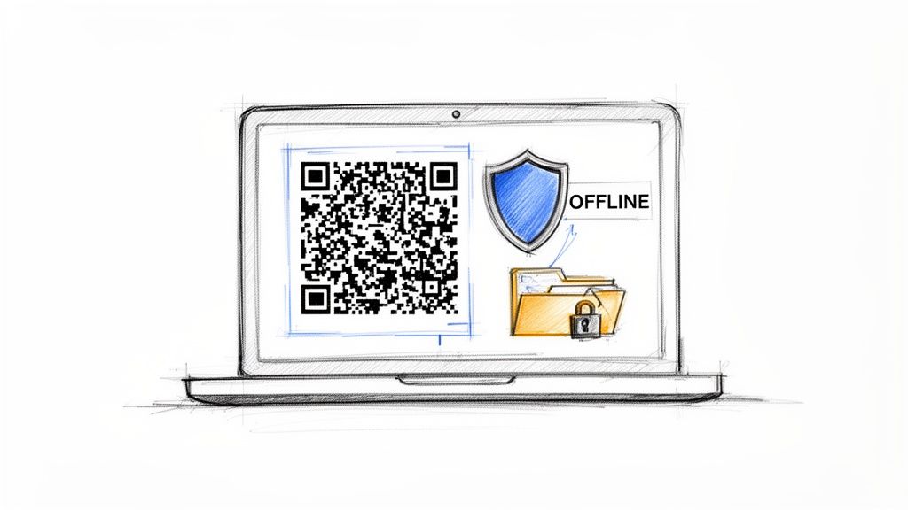 A sketched laptop screen showing a QR code, a blue security shield, and a locked folder labeled "OFFLINE".
