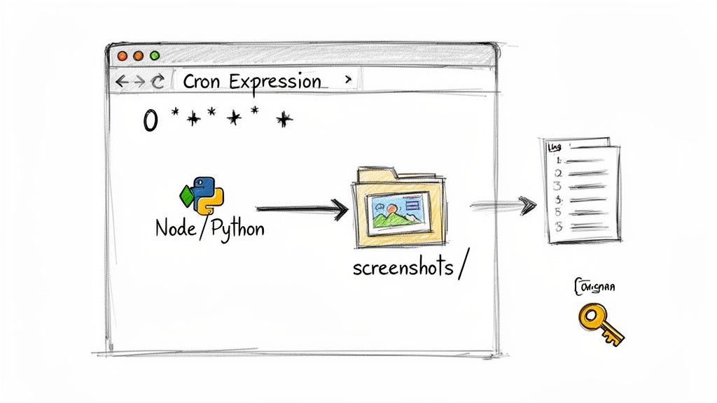 Diagram showing Node/Python script taking website screenshots using a cron expression, saving them to a folder, and logging.
