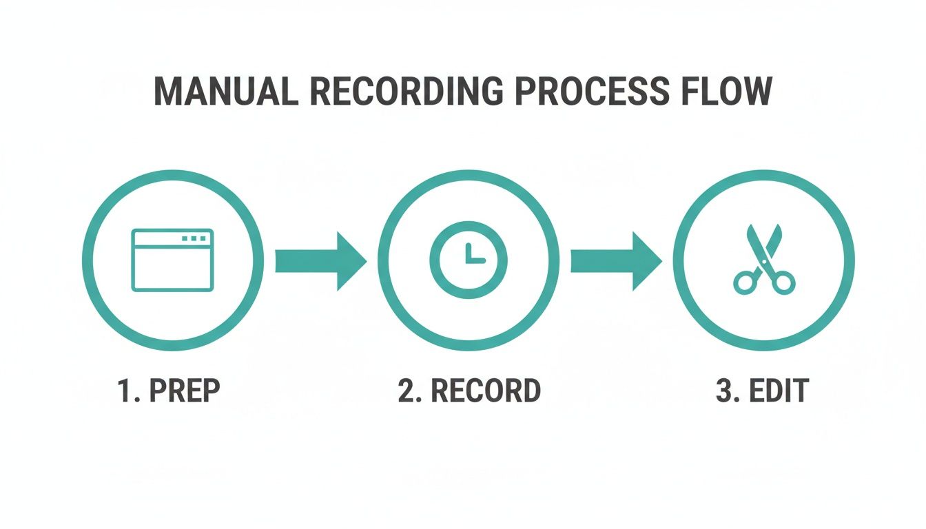 Flowchart illustrating the manual recording process with three steps: Prep, Record, and Edit.