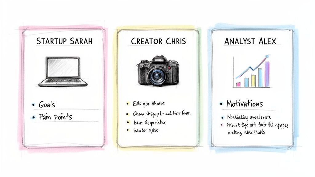 Three persona cards for Startup Sarah, Creator Chris, and Analyst Alex, detailing their goals and motivations.