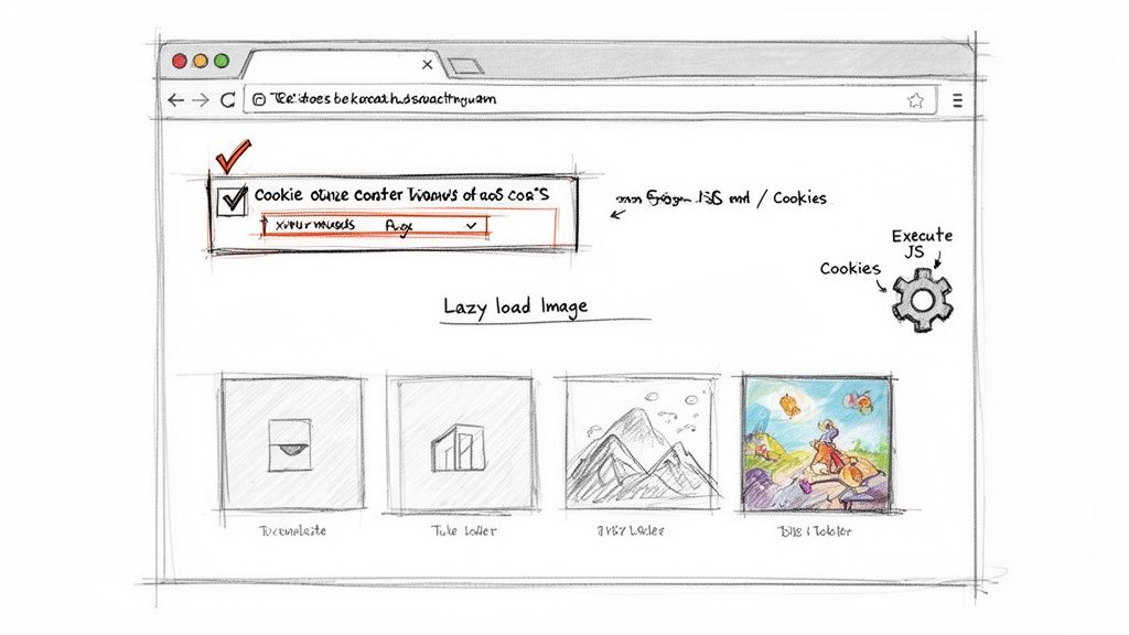Hand-drawn sketch of a web browser showing cookie settings, lazy loading images, and JavaScript execution controls.