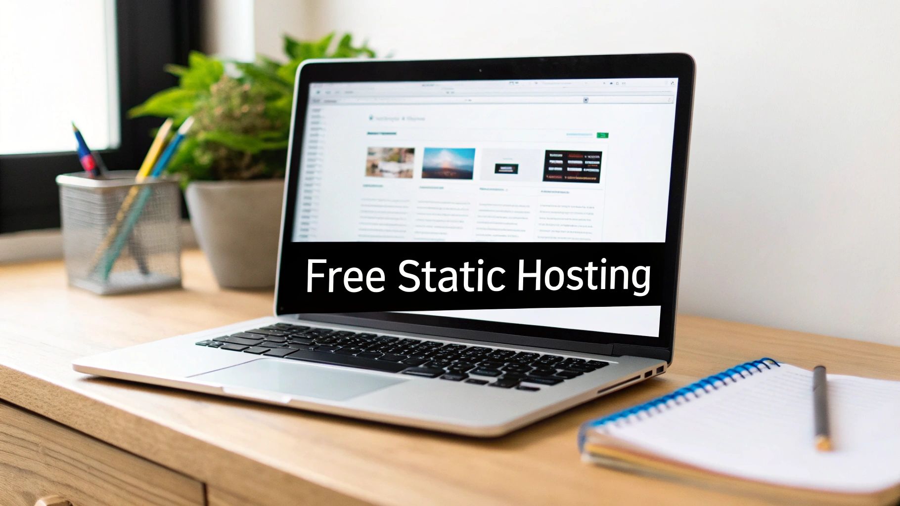 A laptop on a wooden desk displaying 'Free Static Hosting', with a plant and stationery nearby.