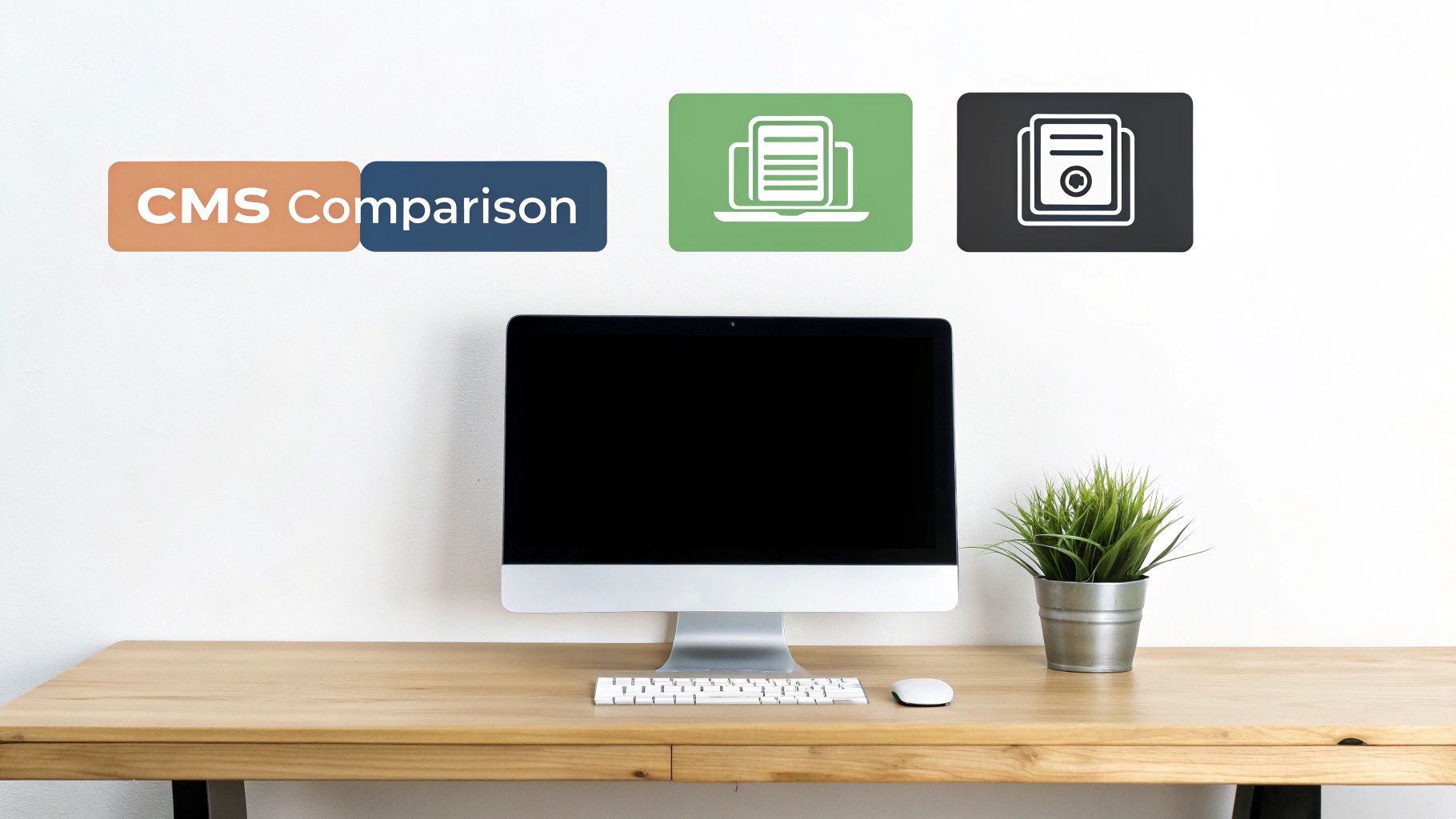 Modern desk with computer setup, a plant, and 'CMS Comparison' title with related icons.