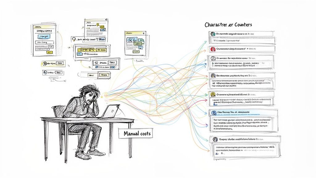 A stressed person at a laptop, processing data with UI sketches and character counters, indicating manual costs.