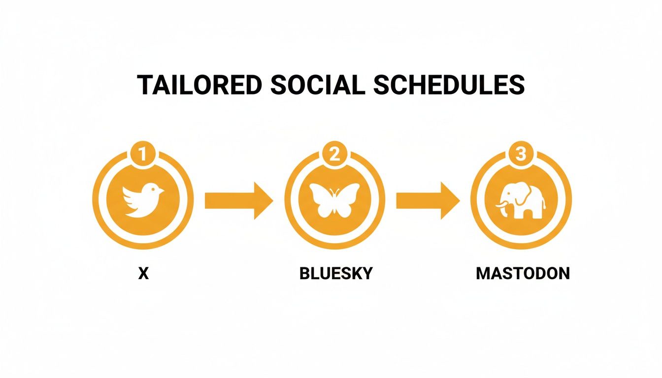 A diagram illustrating tailored social schedules across X, Bluesky, and Mastodon platforms.