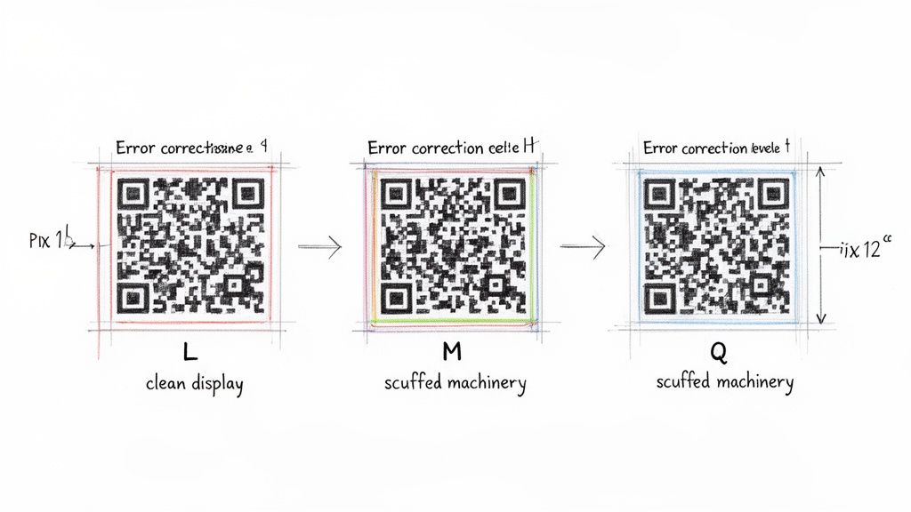 Three QR codes illustrate different error correction levels (L, M, Q) for varied display conditions.