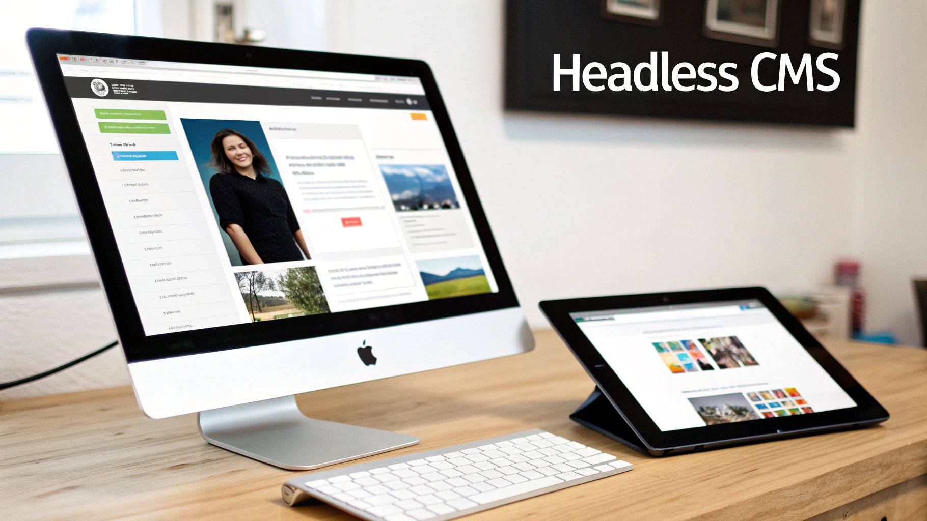 A modern desktop computer and tablet display web content, illustrating multi-device output.