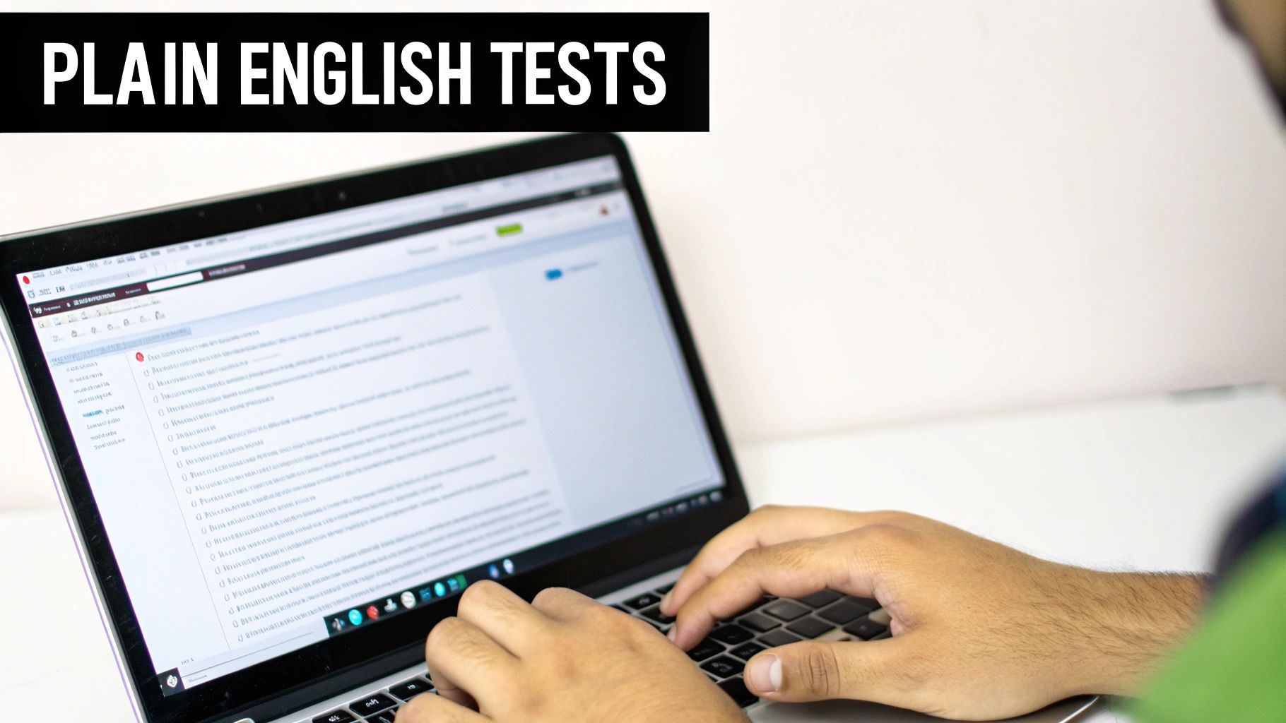 A person's hands typing on a laptop, showing 'PLAIN ENGLISH TESTS' on the screen, indicating an online assessment.