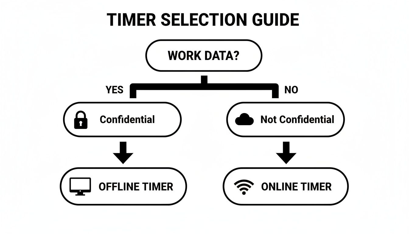 A flowchart titled 'Timer Selection Guide' for work data. Confidential data uses an offline timer, non-confidential data uses an online timer.
