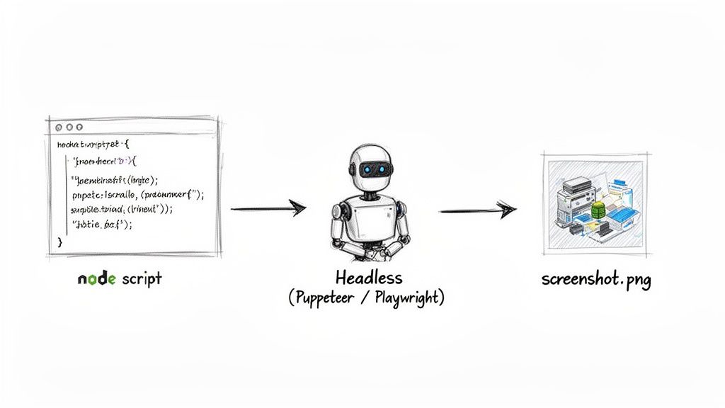 Diagram showing a Node.js script interacting with a Headless browser to generate a web page screenshot.