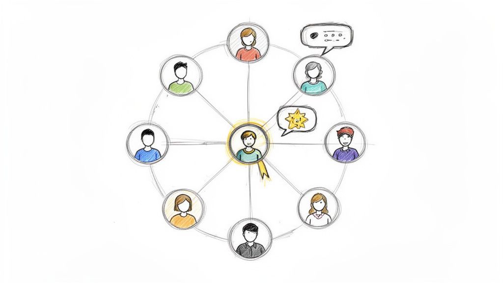 Illustrative network diagram of a central person surrounded by connected individuals with communication bubbles.