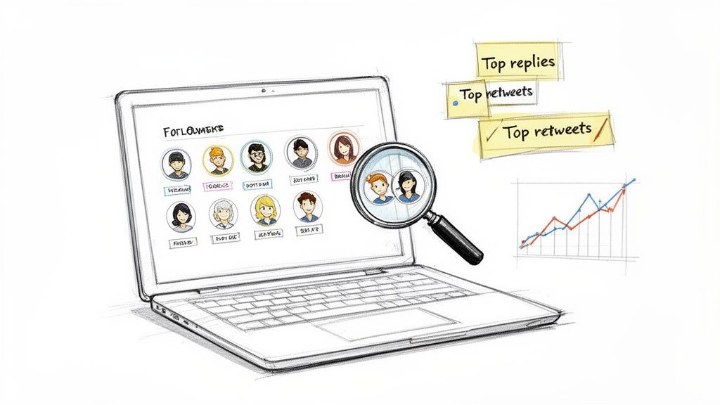 Laptop showing social media profiles, being magnified to highlight two, with related engagement metrics and a trend graph.