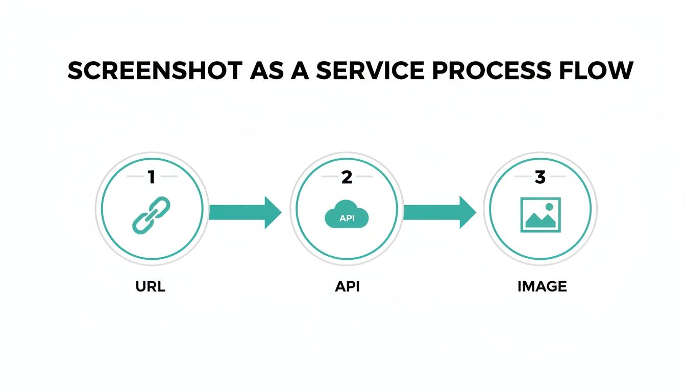 A process flow diagram detailing the 'Screenshot as a Service' functionality: URL input, API processing, and image output.