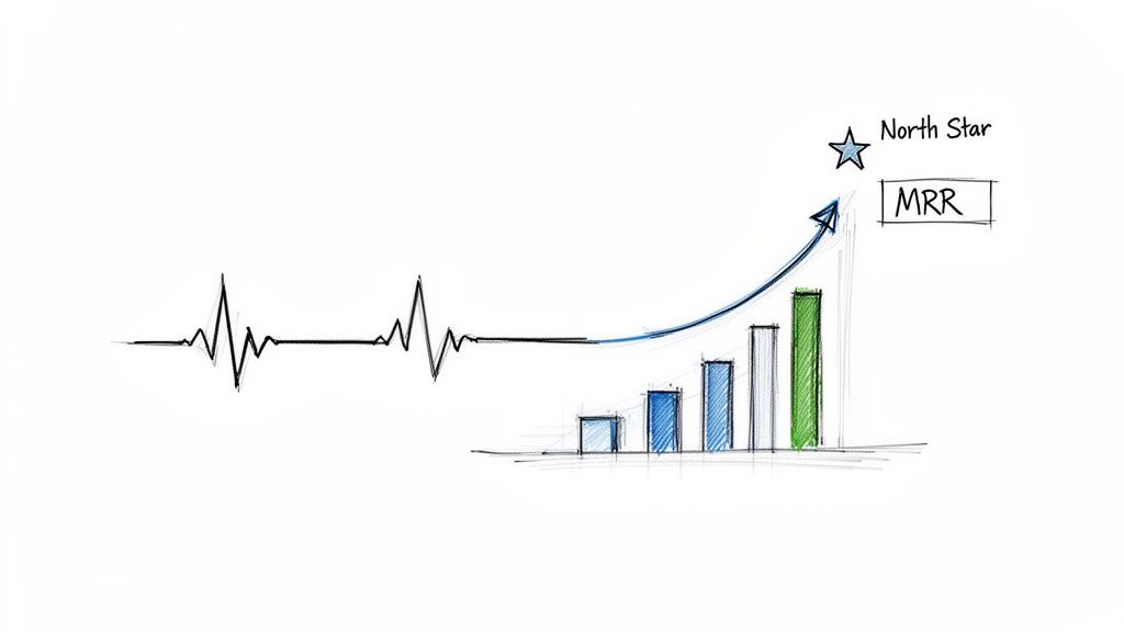 Hand-drawn sketch illustrating a heartbeat evolving into a growing bar chart with a 'North Star' and 'MRR' label.