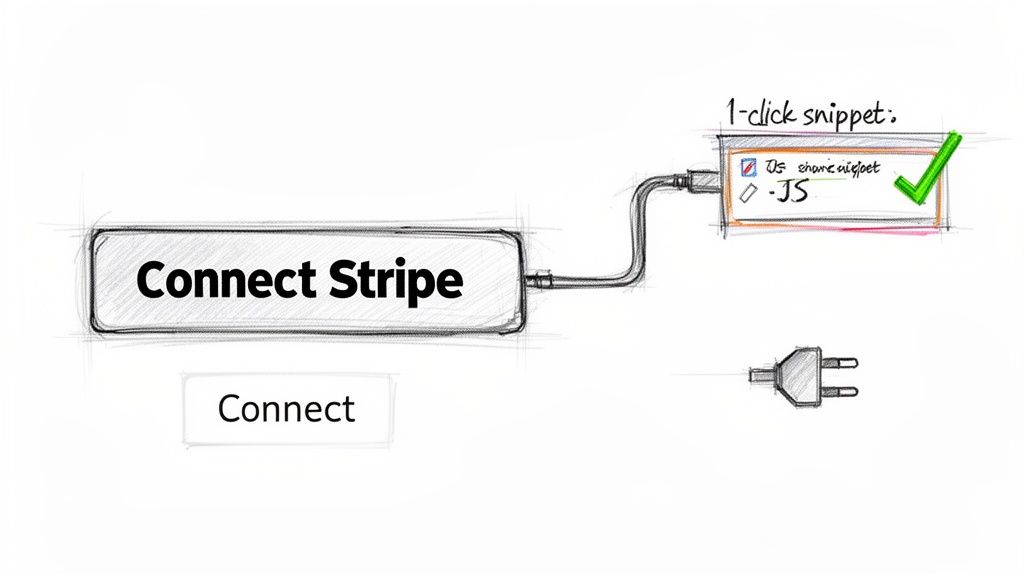 Hand-drawn diagram of connecting Stripe to a 1-click JavaScript snippet, marked with a green check.