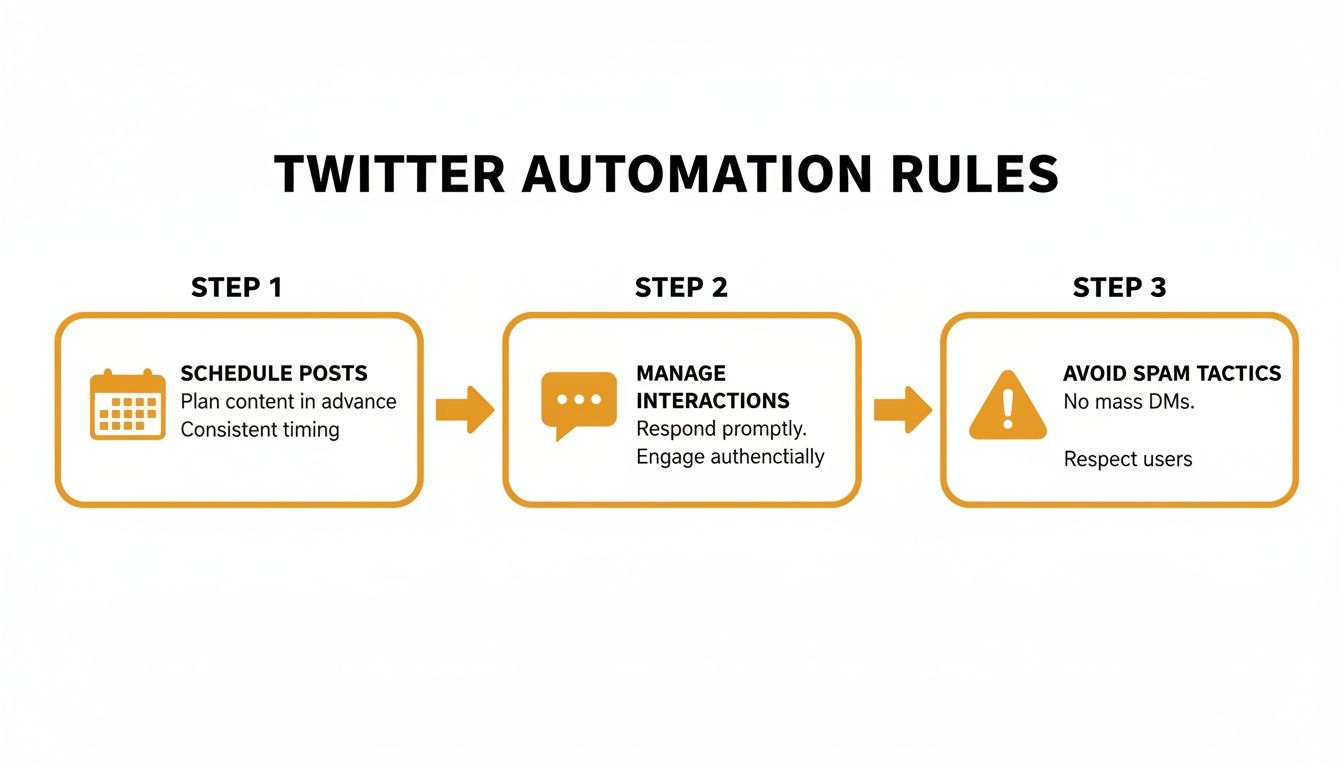 A diagram outlining Twitter automation rules, including scheduling posts, managing interactions, and avoiding spam tactics.