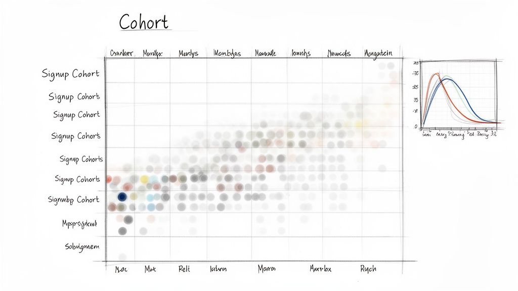 Hand-drawn cohort analysis chart showing user signups and blurred data points, with a smaller bell-curve graph.
