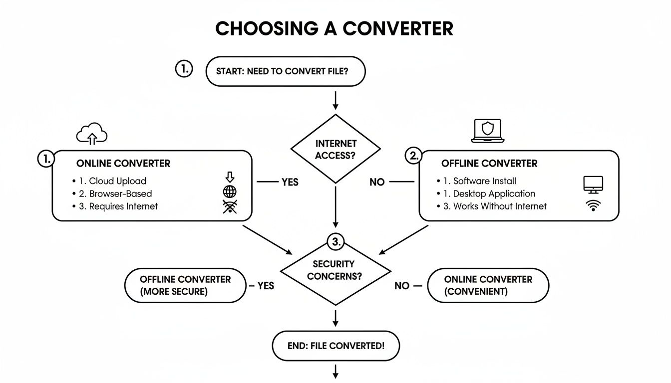 A flowchart titled 'Choosing a Converter' guides users in selecting online or offline file converters.
