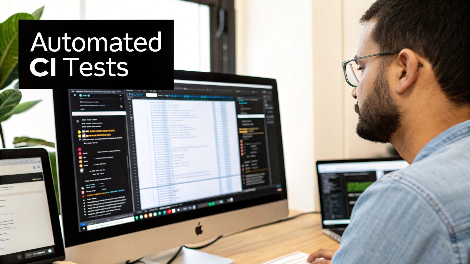A developer with glasses and a beard works on multiple screens, one showing 'Automated CI Tests'.