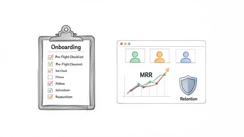 Digital illustration showing an onboarding checklist and a dashboard with MRR growth and customer retention.