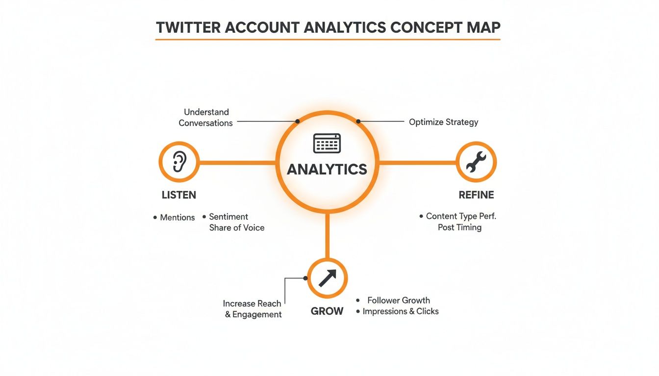 Twitter account analytics concept map illustrating the Listen, Refine, and Grow stages, all centered around Analytics.