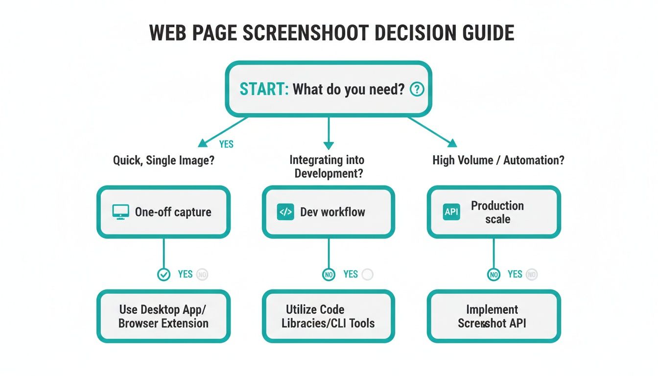 A decision guide flowchart illustrating different methods for taking web page screenshots.