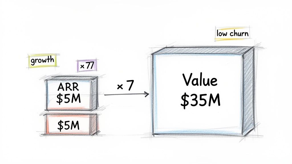 A diagram shows Annual Recurring Revenue ($5M) multiplied by 7 to yield a company's Value ($35M), emphasizing growth and low churn.