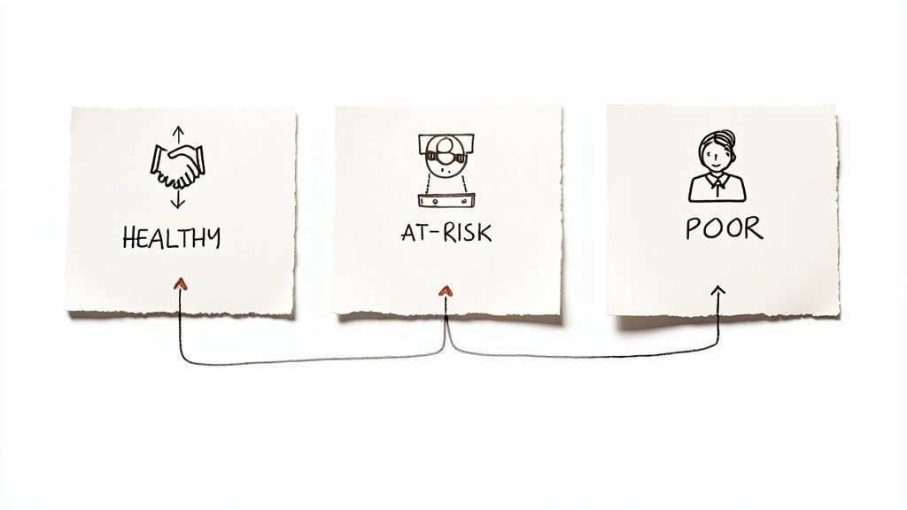 Hand-drawn cards illustrating 'Healthy,' 'At-Risk,' and 'Poor' customer health statuses.