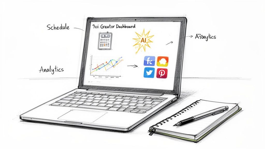 A hand-drawn sketch of a laptop showing a creator dashboard with social media, analytics, AI, and scheduling features.