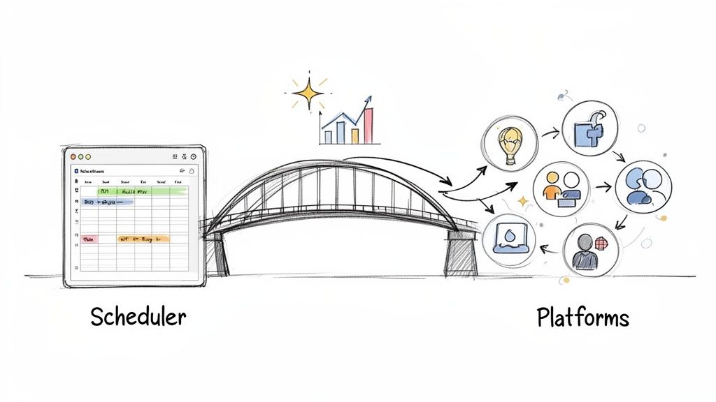 Scheduler application linked by a bridge to various platforms, symbolizing integration and growth.