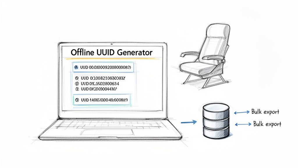 A sketch shows a laptop running an offline UUID generator, exporting UUIDs to a database.