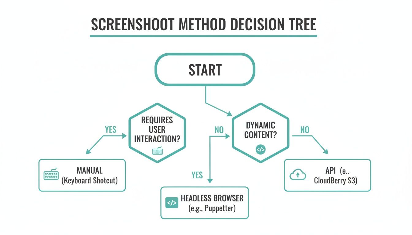 A screenshot method decision tree flowchart showing options for capturing screenshots based on interaction and content.