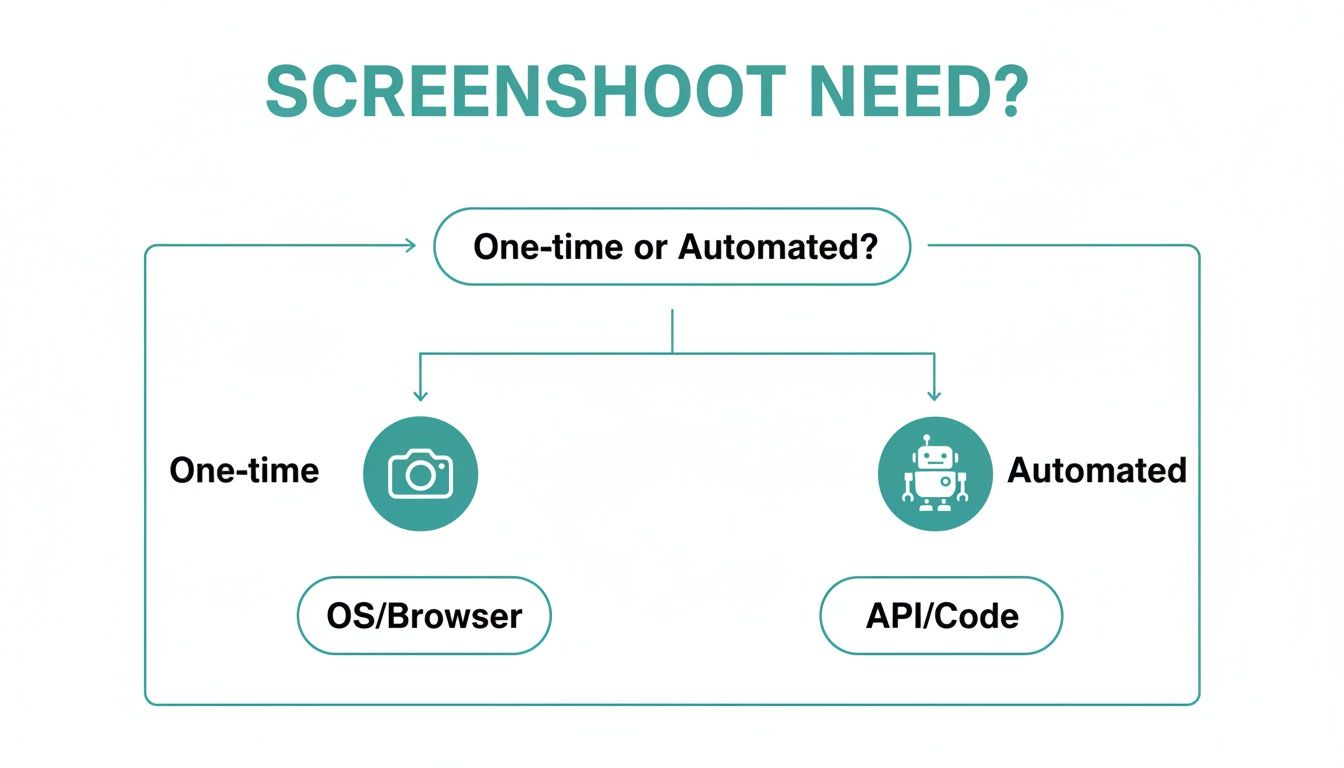 A flowchart outlining options for taking screenshots: one-time via OS/Browser or automated via API/Code.